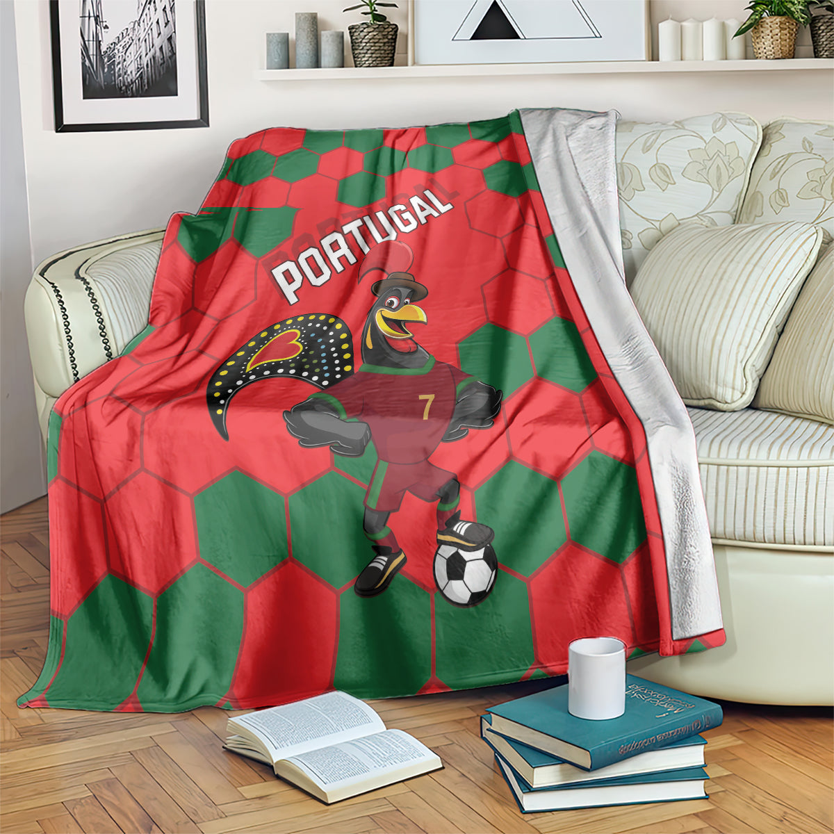 Portugal-themed football blanket in red and green hexagon pattern with soccer player and PORTUGAL text