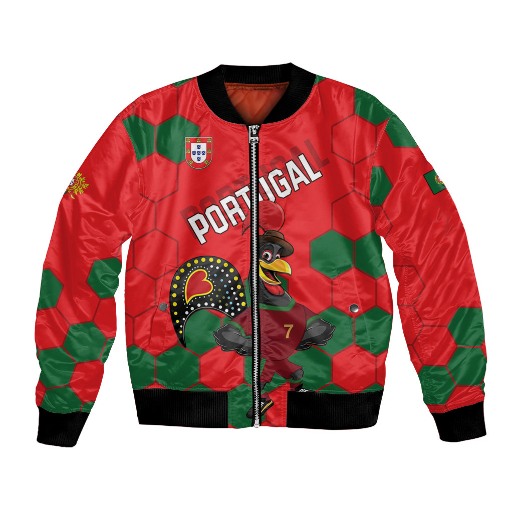 Red and green hex-pattern unisex bomber jacket with zipper, Portugal crest, eagle graphic