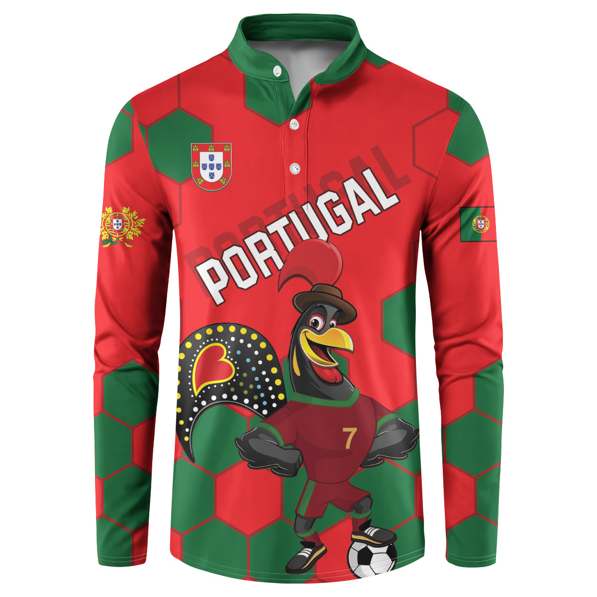 Portugal 2024 football button sweatshirt, red/green hex print, front mascot and PORTUGAL text