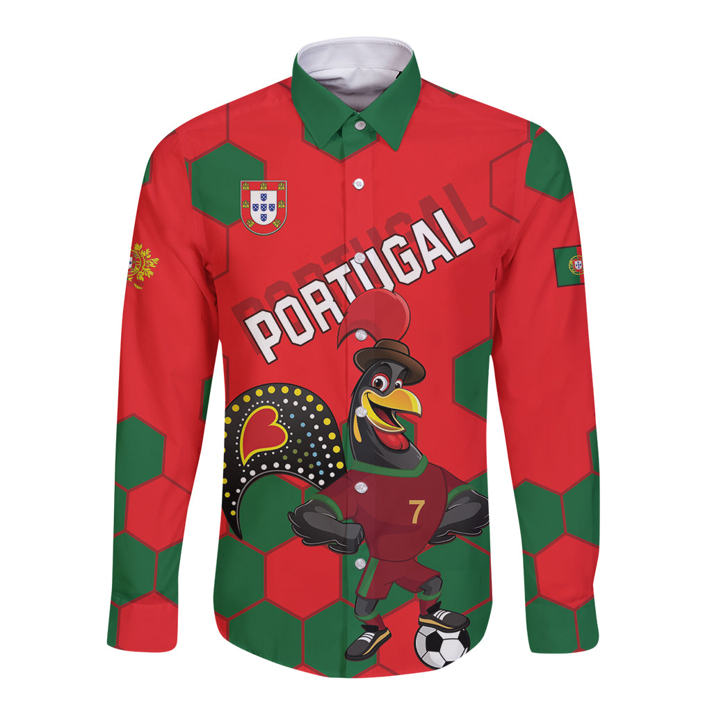 Red long-sleeve football button shirt with Portugal crest and front graphic