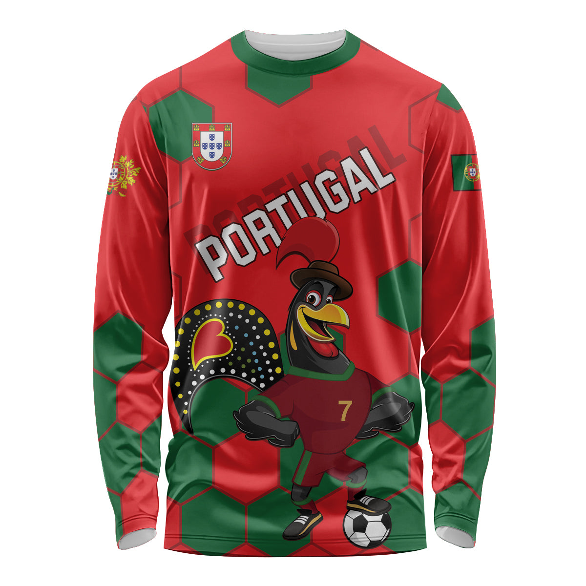 Red long-sleeve football jersey with green trim, Portugal crest and mascot graphic