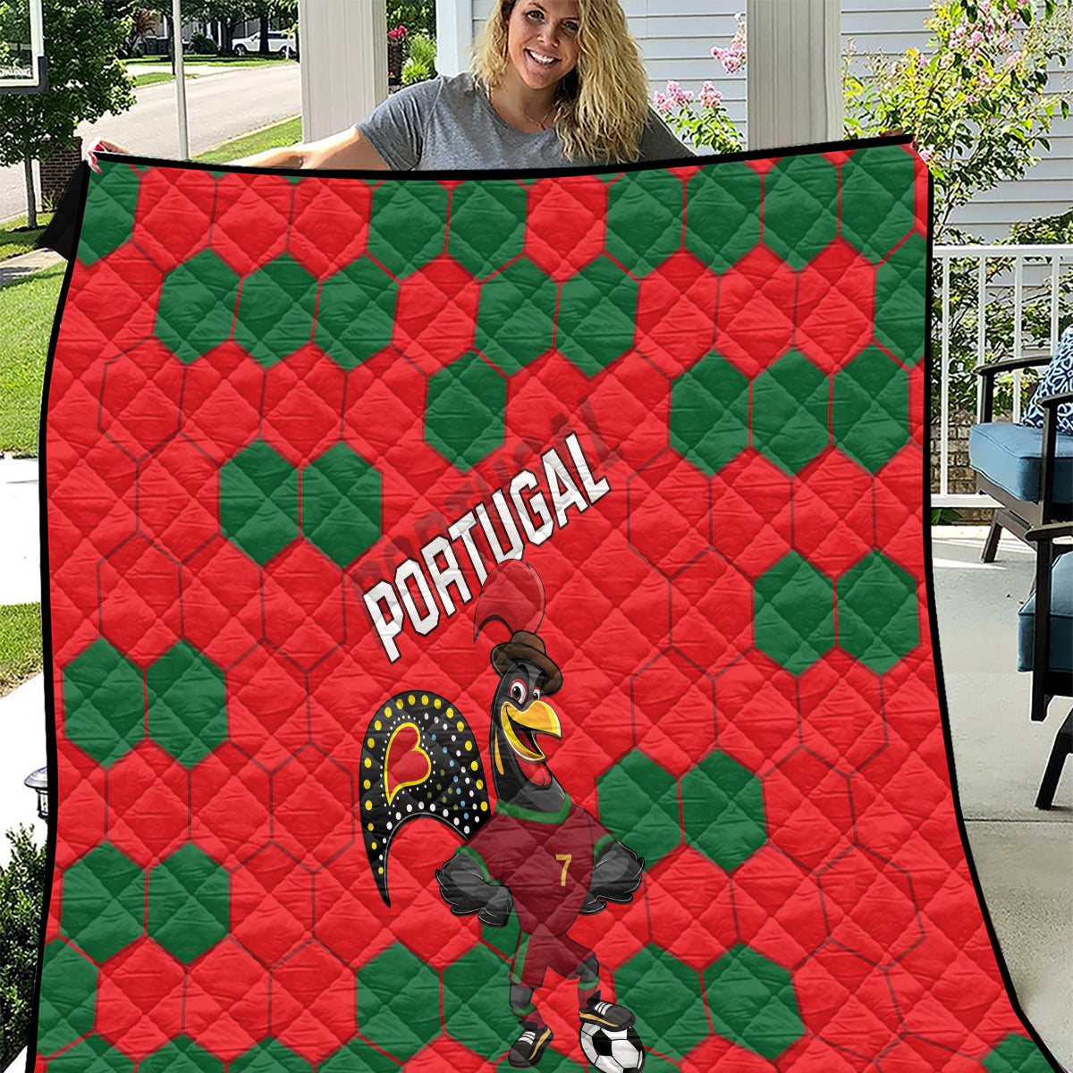 Red and green Portugal-themed football quilt with diamond pattern and mascot graphic