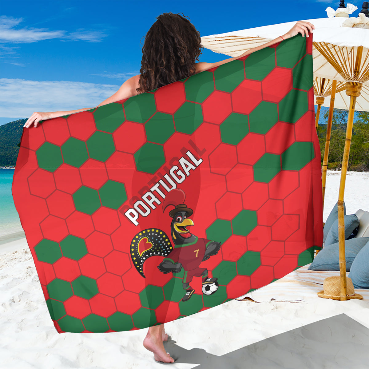 Portugal football sarong, red and green hex pattern, Portugal text and crest graphic