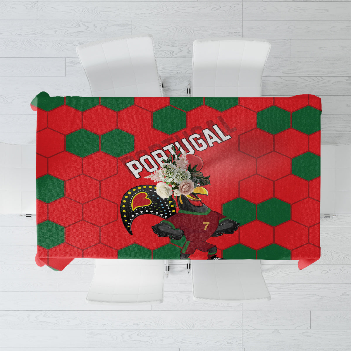 Portugal football tablecloth, red and green hexagon design with Portugal text