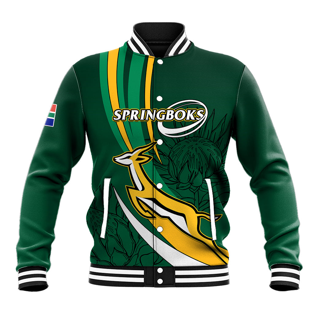 Green varsity baseball jacket with ribbed collar, black buttons, SPRINGBOKS graphic