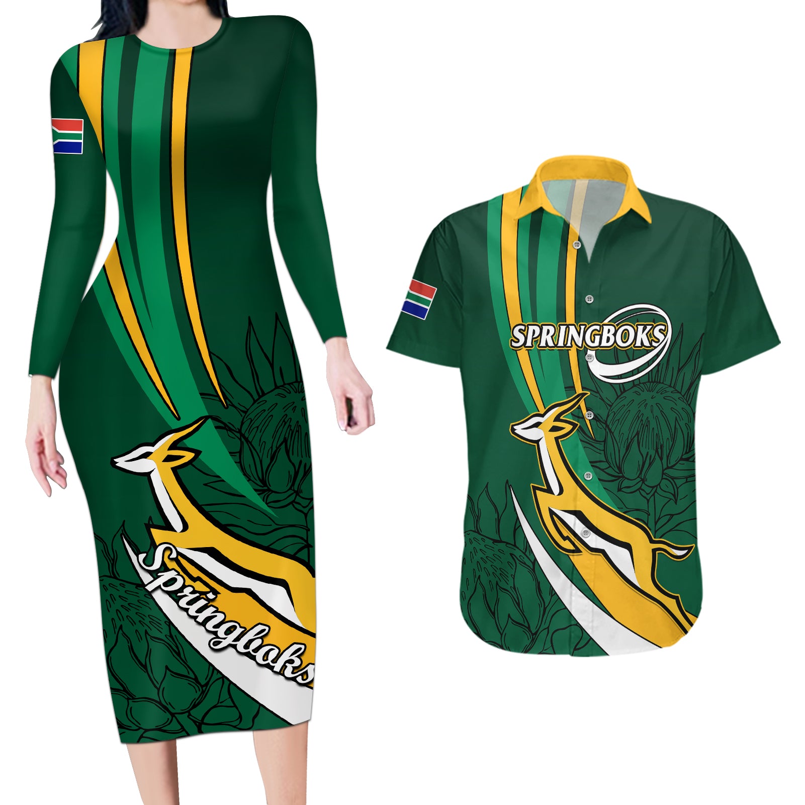 South Africa Rugby Couples Matching Long Sleeve Bodycon Dress and Hawaiian Shirt Springboks Go Champions World Cup 2023 - Wonder Print Shop