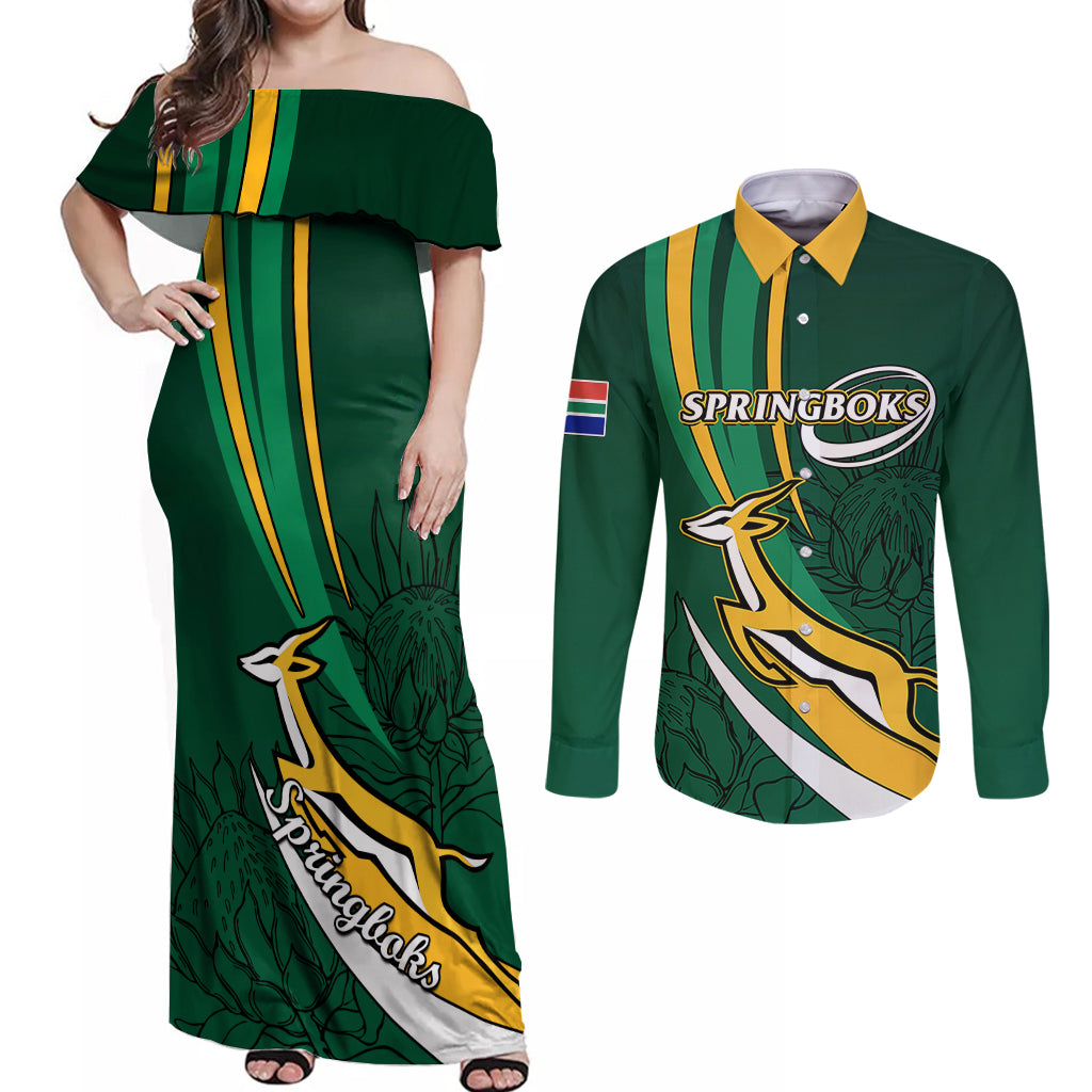 South Africa Rugby Couples Matching Off Shoulder Maxi Dress and Long Sleeve Button Shirts Springboks Go Champions World Cup 2023 - Wonder Print Shop