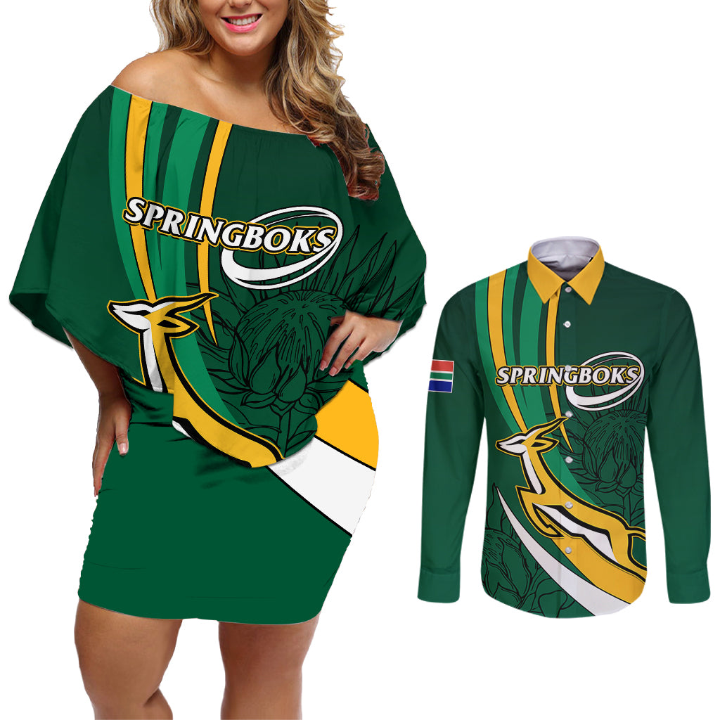 South Africa Rugby Couples Matching Off Shoulder Short Dress and Long Sleeve Button Shirts Springboks Go Champions World Cup 2023 - Wonder Print Shop