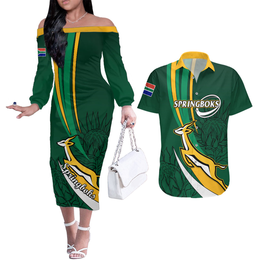 South Africa Rugby Couples Matching Off The Shoulder Long Sleeve Dress and Hawaiian Shirt Springboks Go Champions World Cup 2023 - Wonder Print Shop