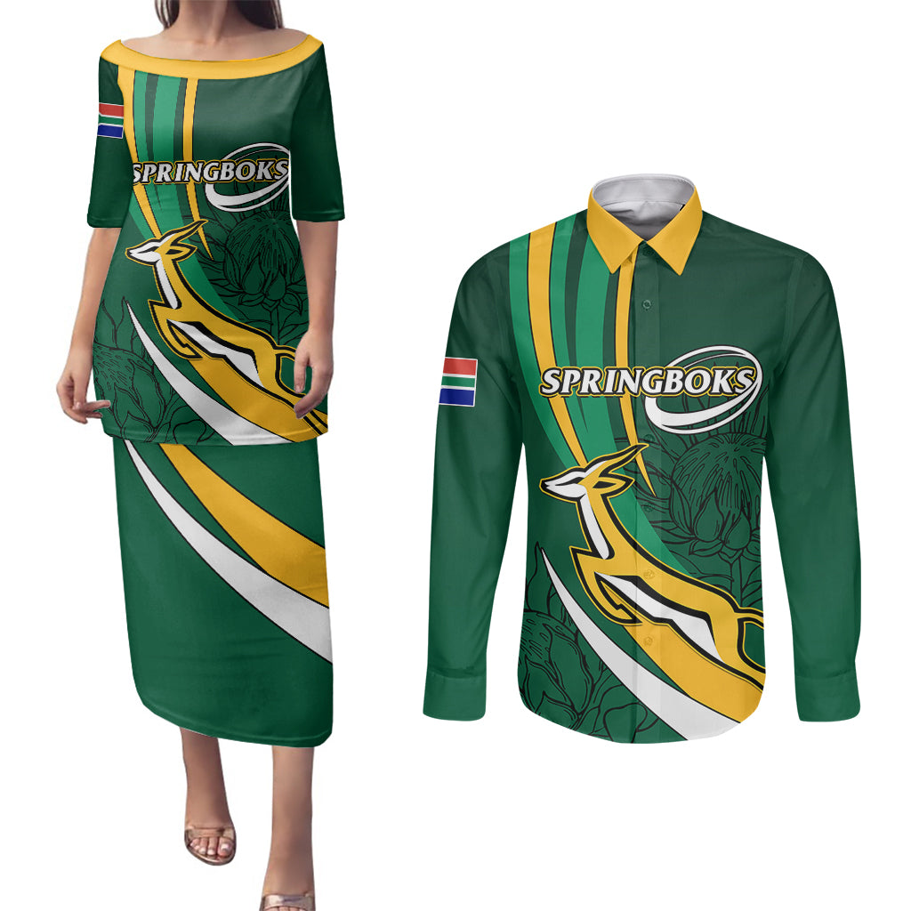 South Africa Rugby Couples Matching Puletasi Dress and Long Sleeve Button Shirts Springboks Go Champions World Cup 2023 - Wonder Print Shop