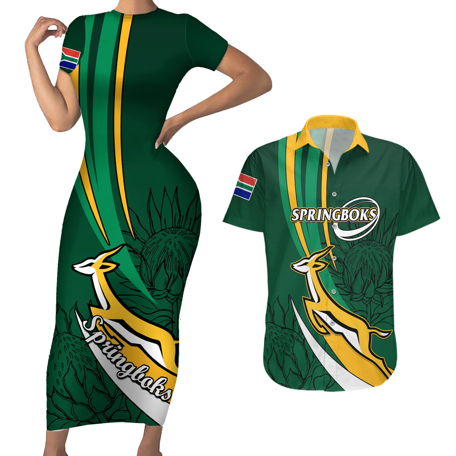 South Africa Rugby Couples Matching Short Sleeve Bodycon Dress and Hawaiian Shirt Springboks Go Champions World Cup 2023 - Wonder Print Shop