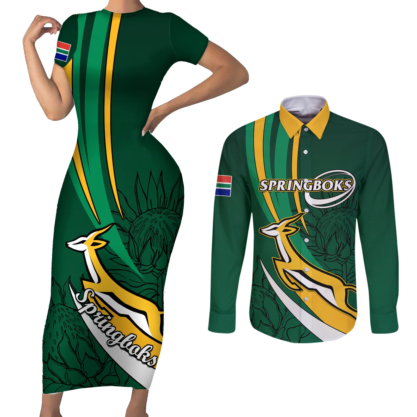 South Africa Rugby Couples Matching Short Sleeve Bodycon Dress and Long Sleeve Button Shirts Springboks Go Champions World Cup 2023 - Wonder Print Shop