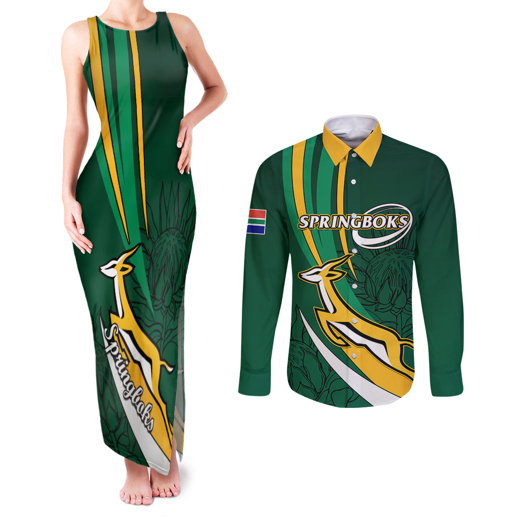 South Africa Rugby Couples Matching Tank Maxi Dress and Long Sleeve Button Shirts Springboks Go Champions World Cup 2023 - Wonder Print Shop