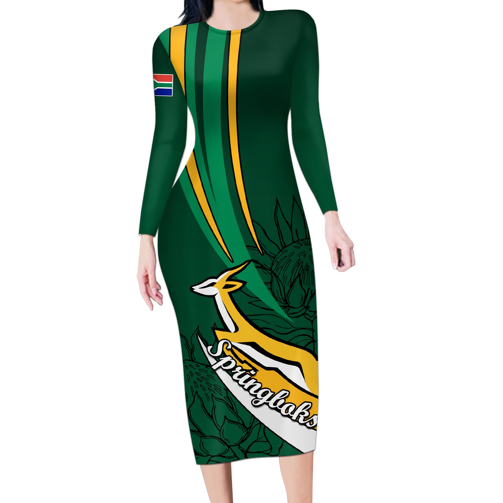 South Africa Rugby Long Sleeve Bodycon Dress Springboks Go Champions World Cup 2023 - Wonder Print Shop