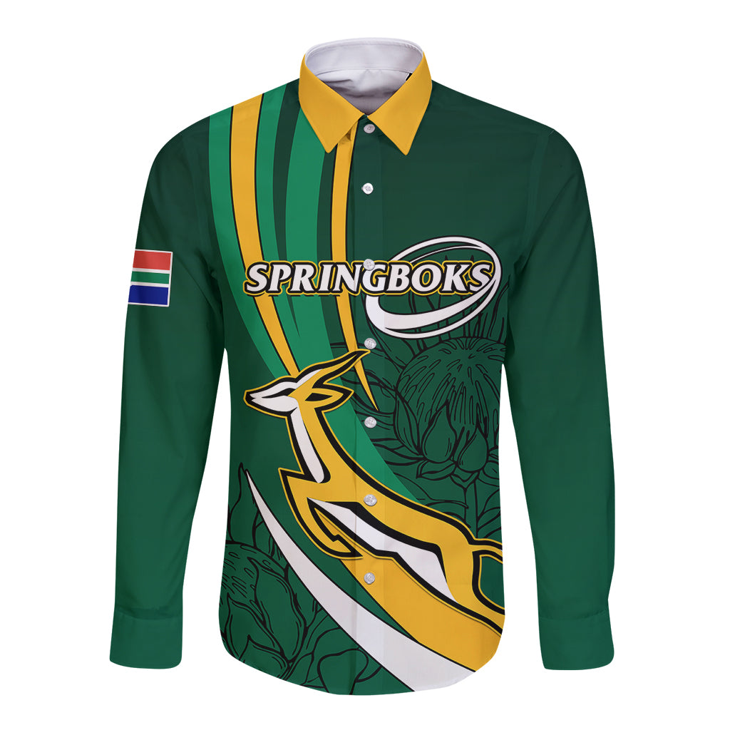 Green rugby long-sleeve button shirt with Springboks emblem and striped chest graphic