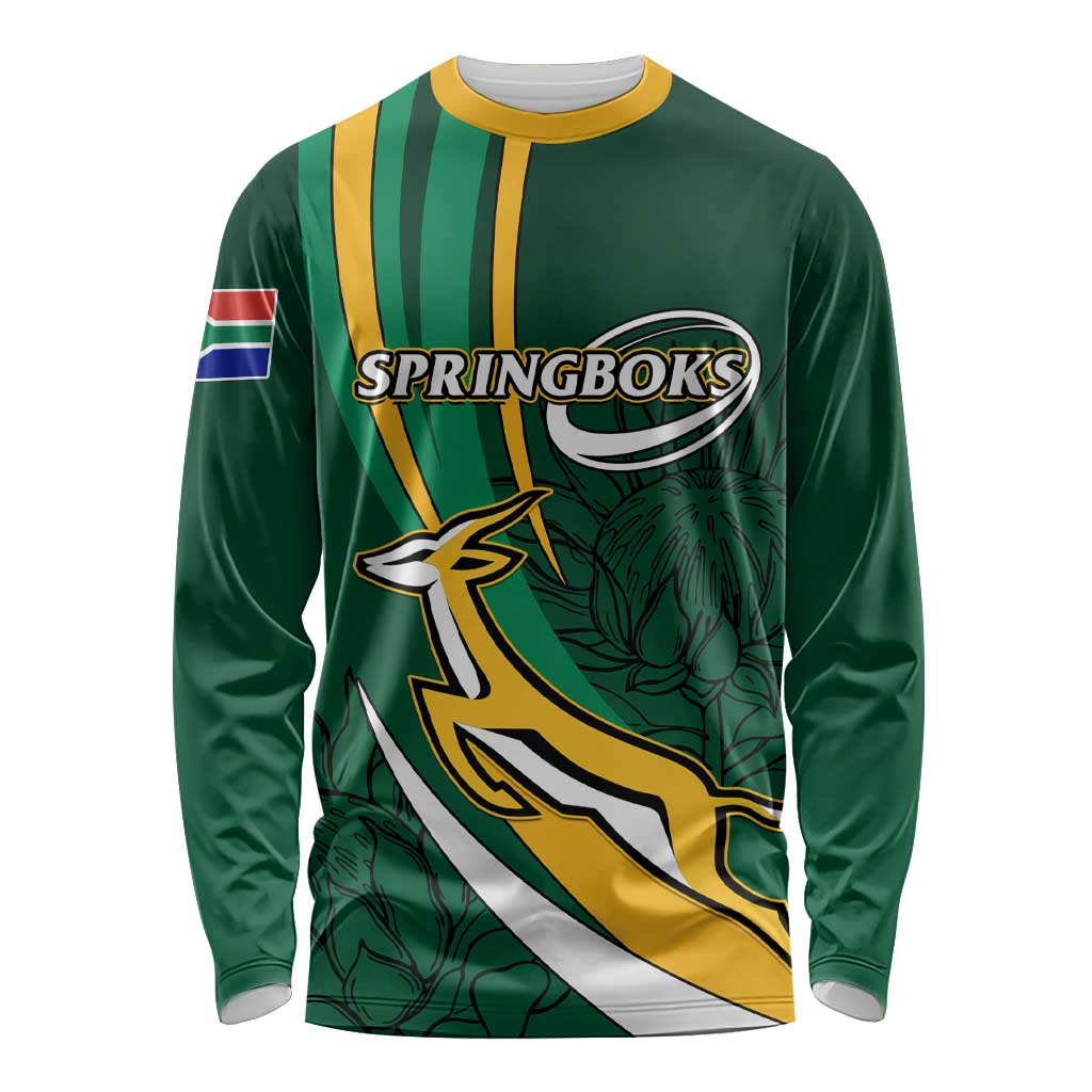 Green rugby long-sleeve shirt with Springboks emblem and gold-and-white stripes