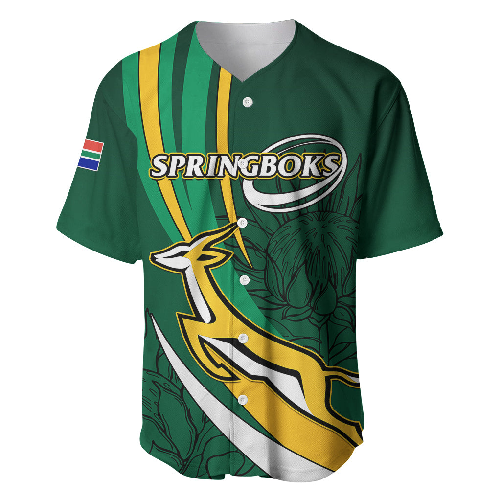 Green rugby baseball jersey with SPRINGBOKS chest logo, gold and white stripe graphics