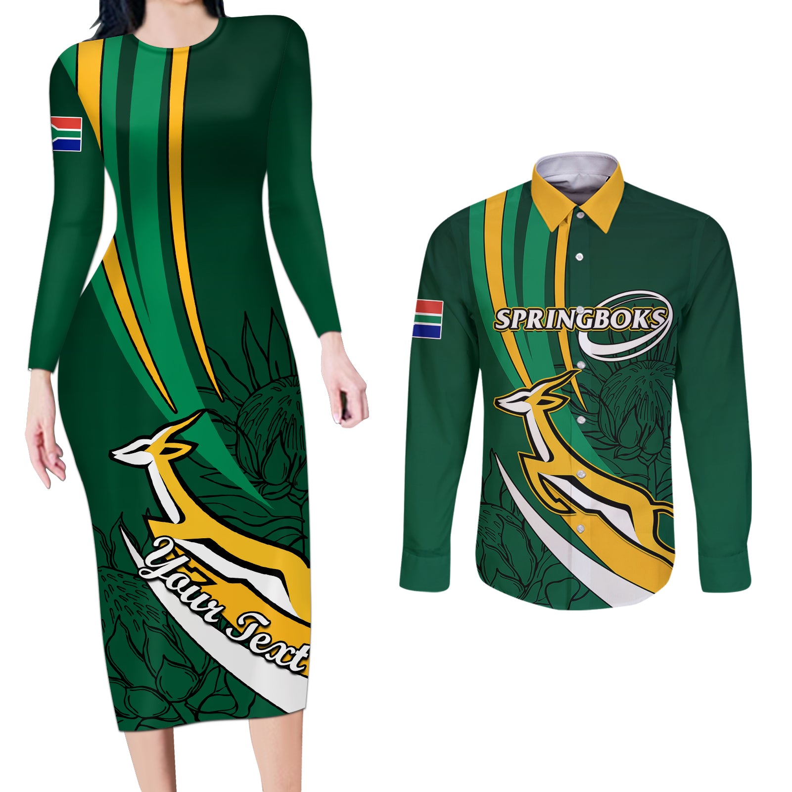 Personalised South Africa Rugby Couples Matching Long Sleeve Bodycon Dress and Long Sleeve Button Shirts Springboks Go Champions World Cup 2023 - Wonder Print Shop