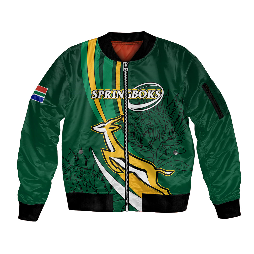 Green zip-up bomber jacket with Springboks logo, ribbed collar and cuffs