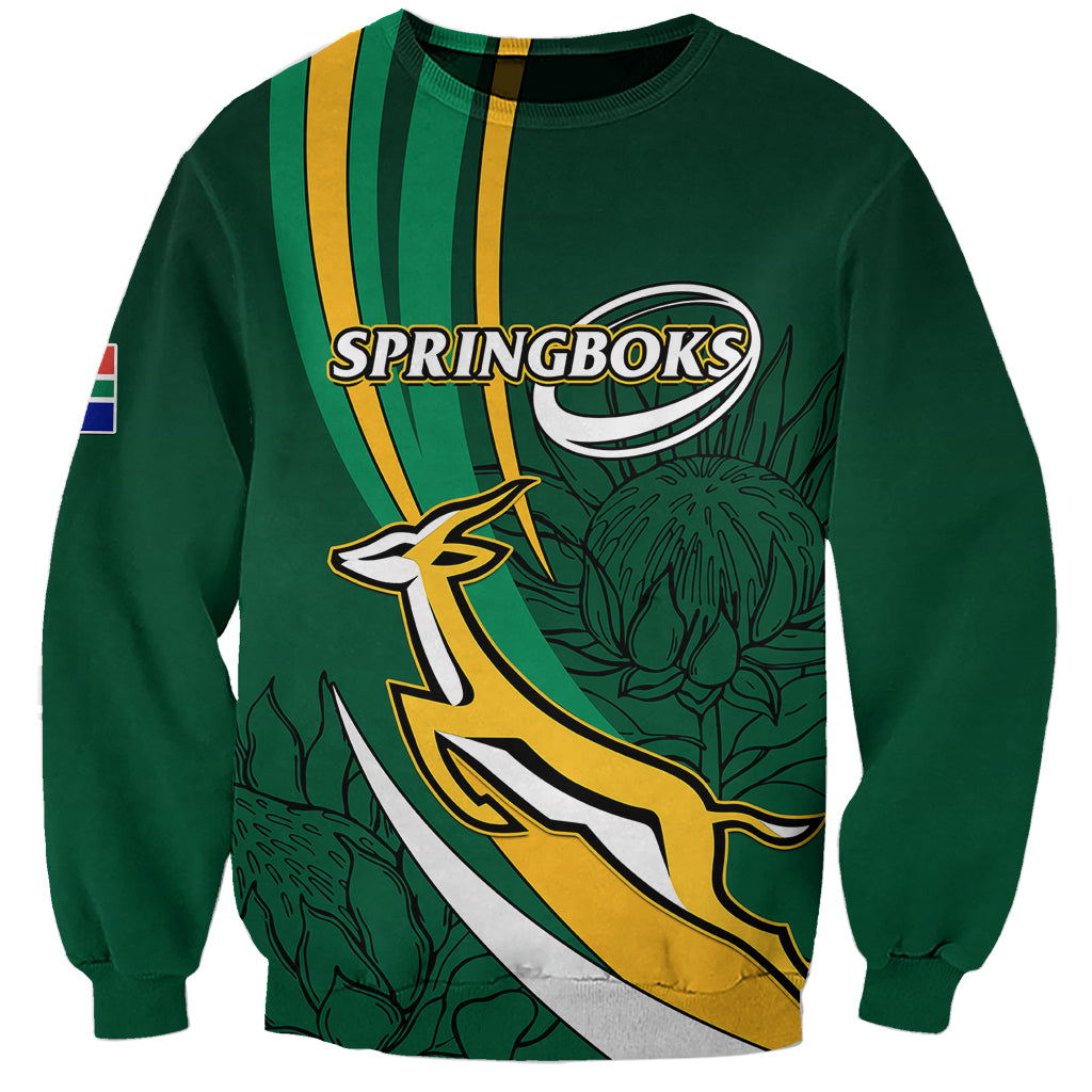 Green rugby sweatshirt with SPRINGBOKS text and striped rooster graphic with lion backdrop