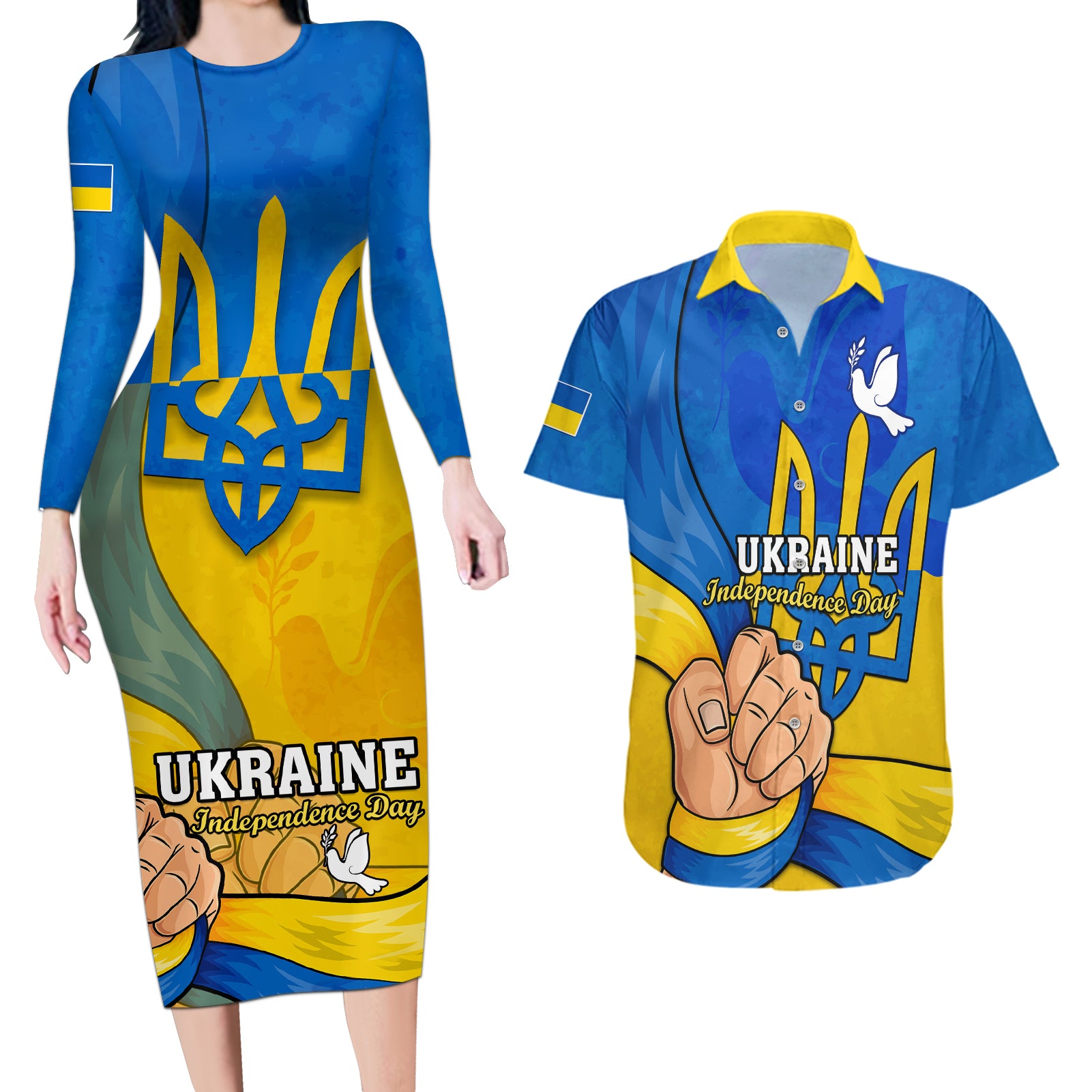 Ukraine Independence Day Couples Matching Long Sleeve Bodycon Dress and Hawaiian Shirt Ukrainian Trident Special Version - Wonder Print Shop