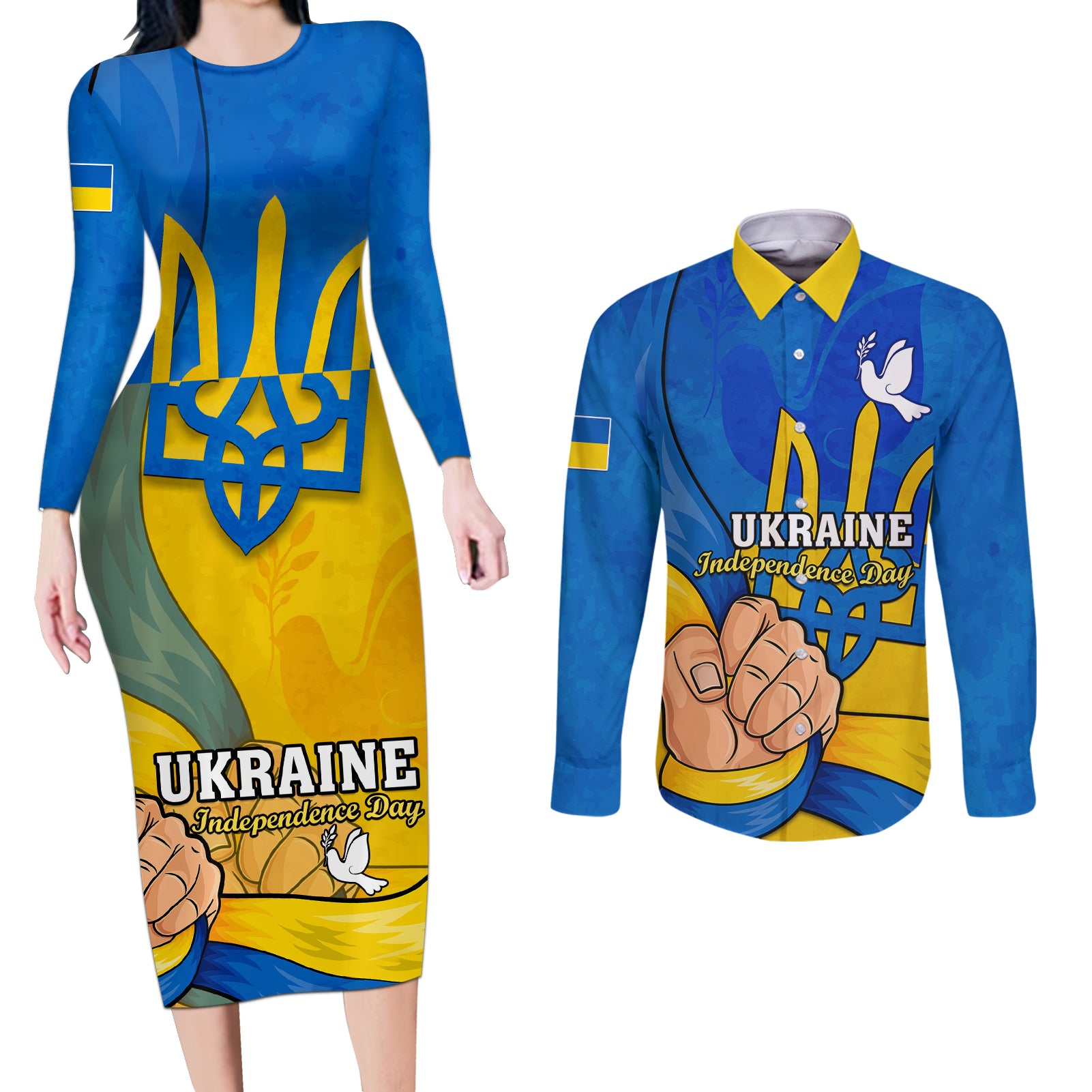 Ukraine Independence Day Couples Matching Long Sleeve Bodycon Dress and Long Sleeve Button Shirts Ukrainian Trident Special Version - Wonder Print Shop