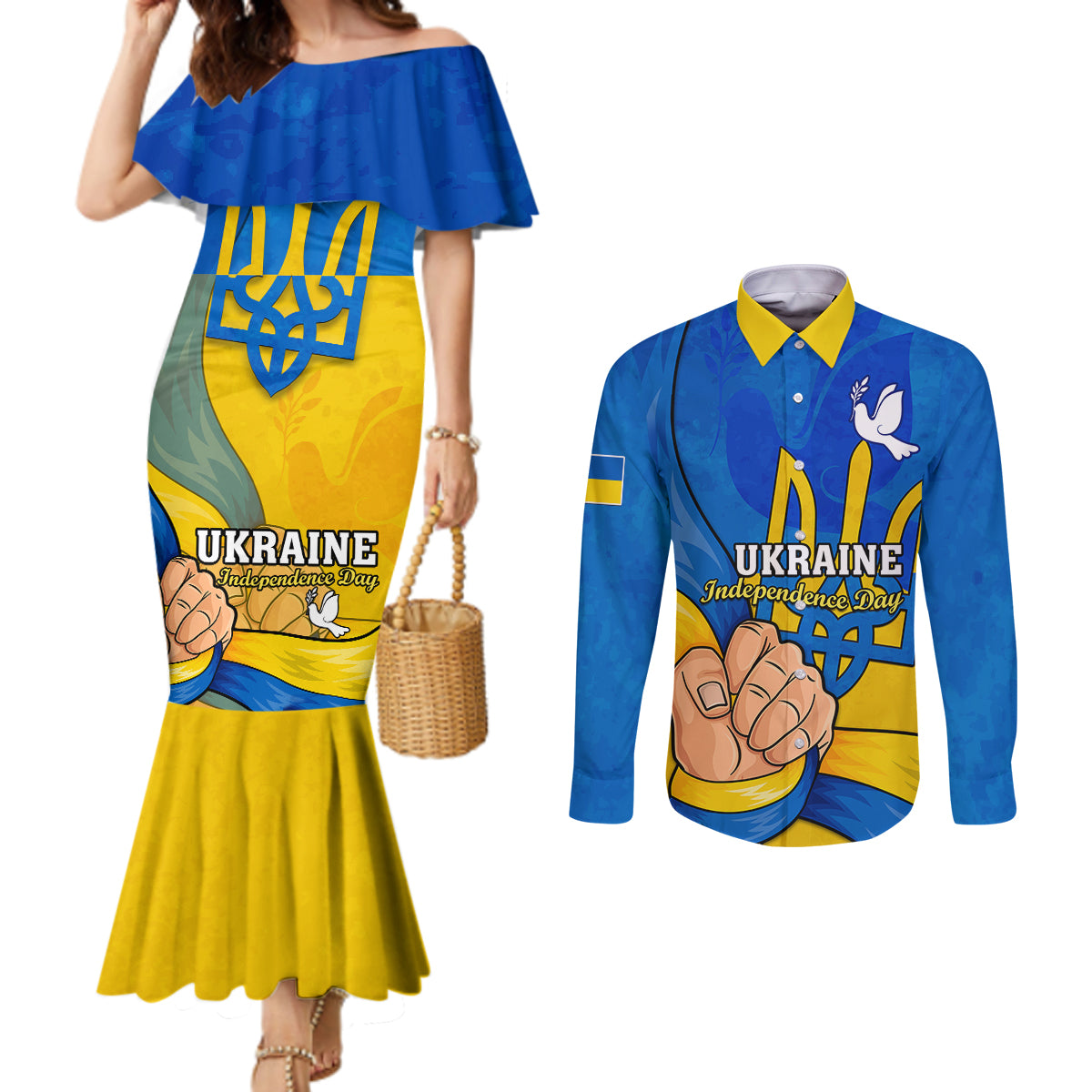 ukraine-independence-day-couples-matching-mermaid-dress-and-long-sleeve-button-shirts-ukrainian-trident-special-version