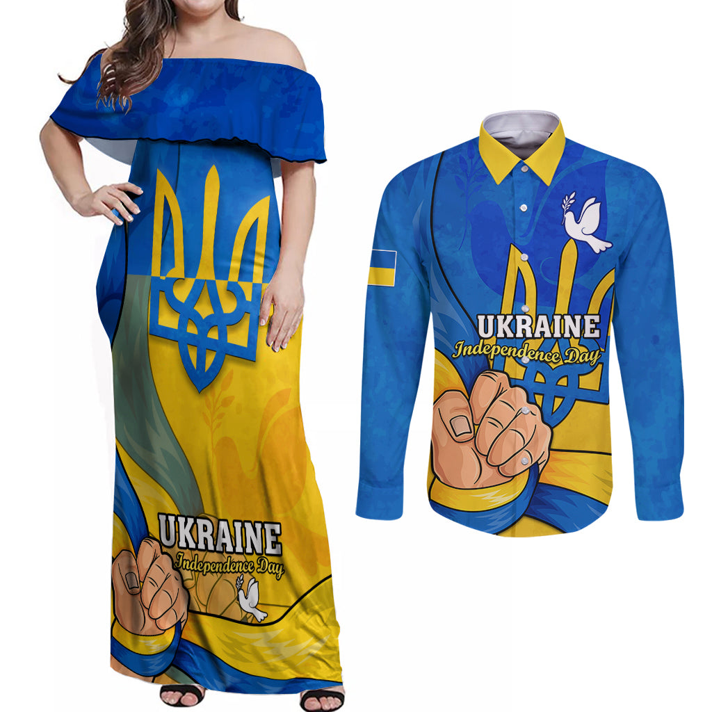 Ukraine Independence Day Couples Matching Off Shoulder Maxi Dress and Long Sleeve Button Shirts Ukrainian Trident Special Version - Wonder Print Shop