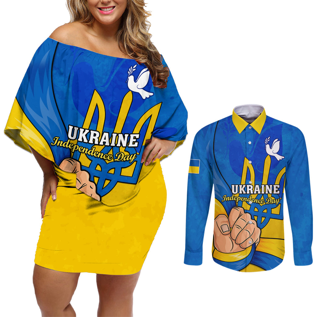 Ukraine Independence Day Couples Matching Off Shoulder Short Dress and Long Sleeve Button Shirts Ukrainian Trident Special Version - Wonder Print Shop