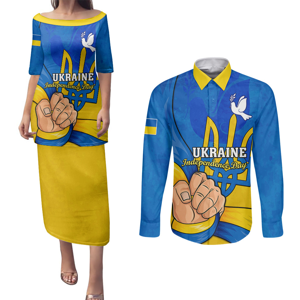 Ukraine Independence Day Couples Matching Puletasi Dress and Long Sleeve Button Shirts Ukrainian Trident Special Version - Wonder Print Shop