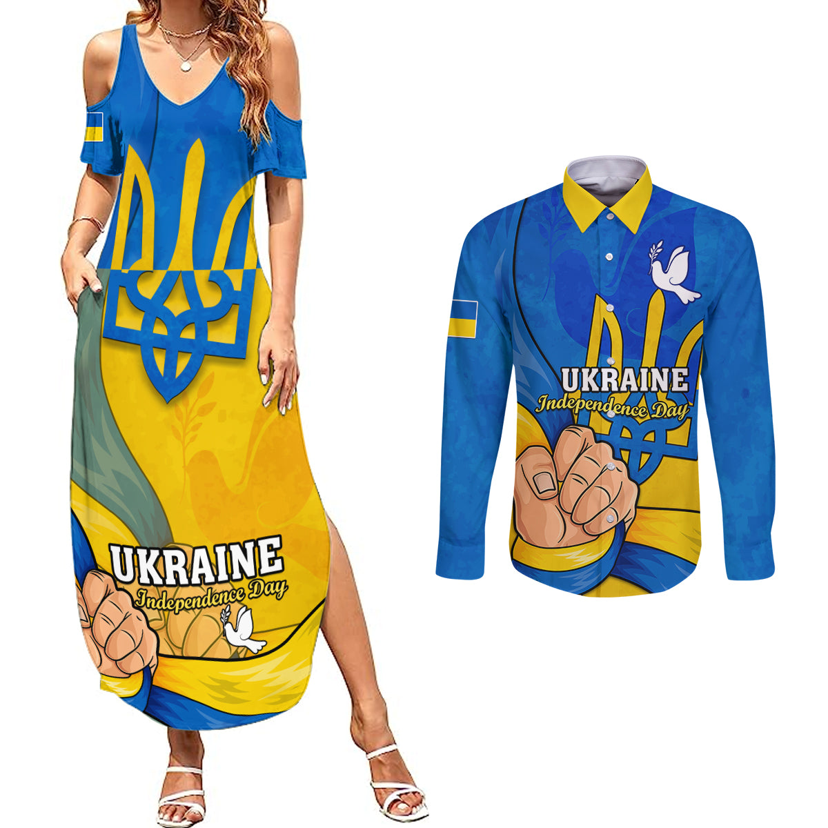 Ukraine Independence Day Couples Matching Summer Maxi Dress and Long Sleeve Button Shirts Ukrainian Trident Special Version - Wonder Print Shop