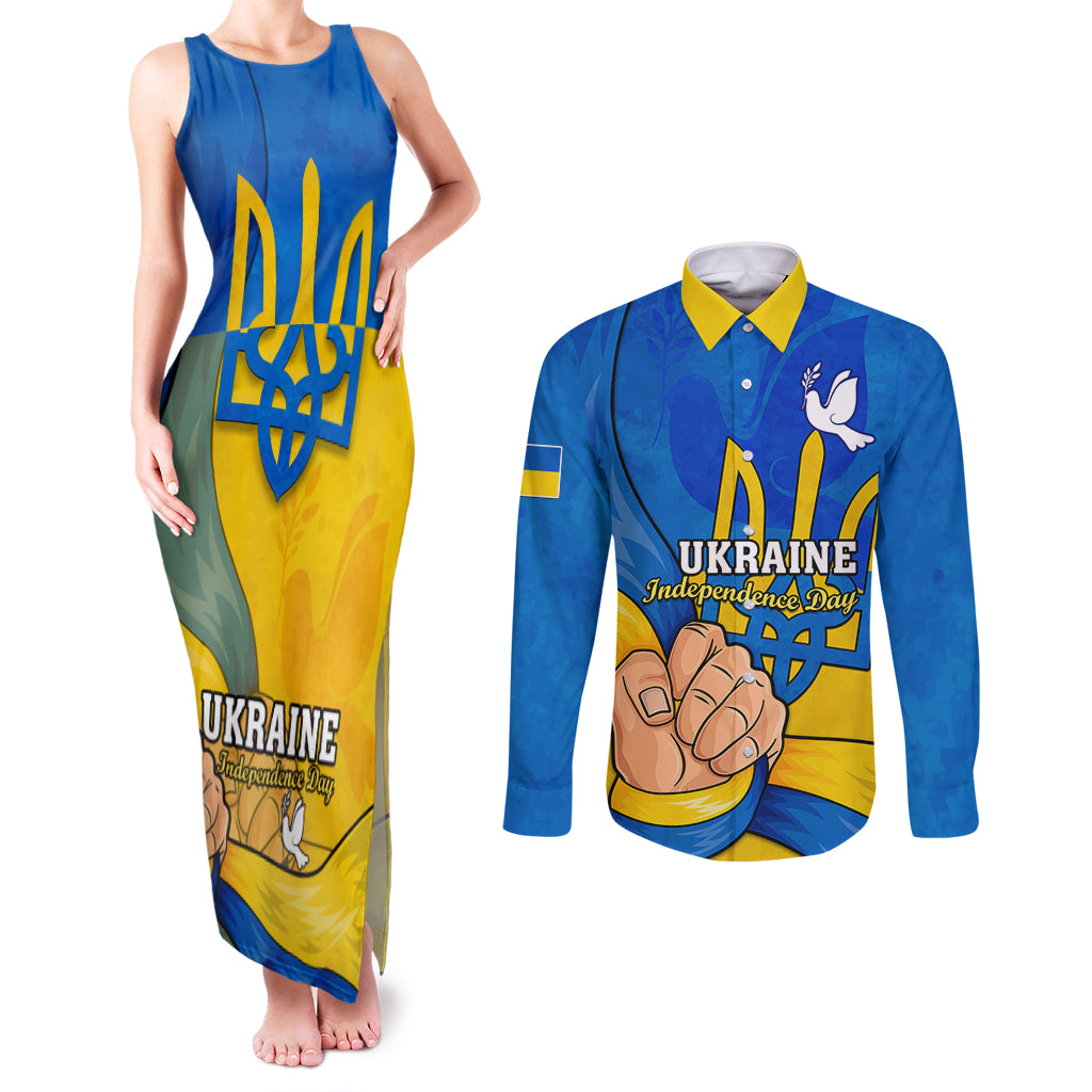 Ukraine Independence Day Couples Matching Tank Maxi Dress and Long Sleeve Button Shirts Ukrainian Trident Special Version - Wonder Print Shop