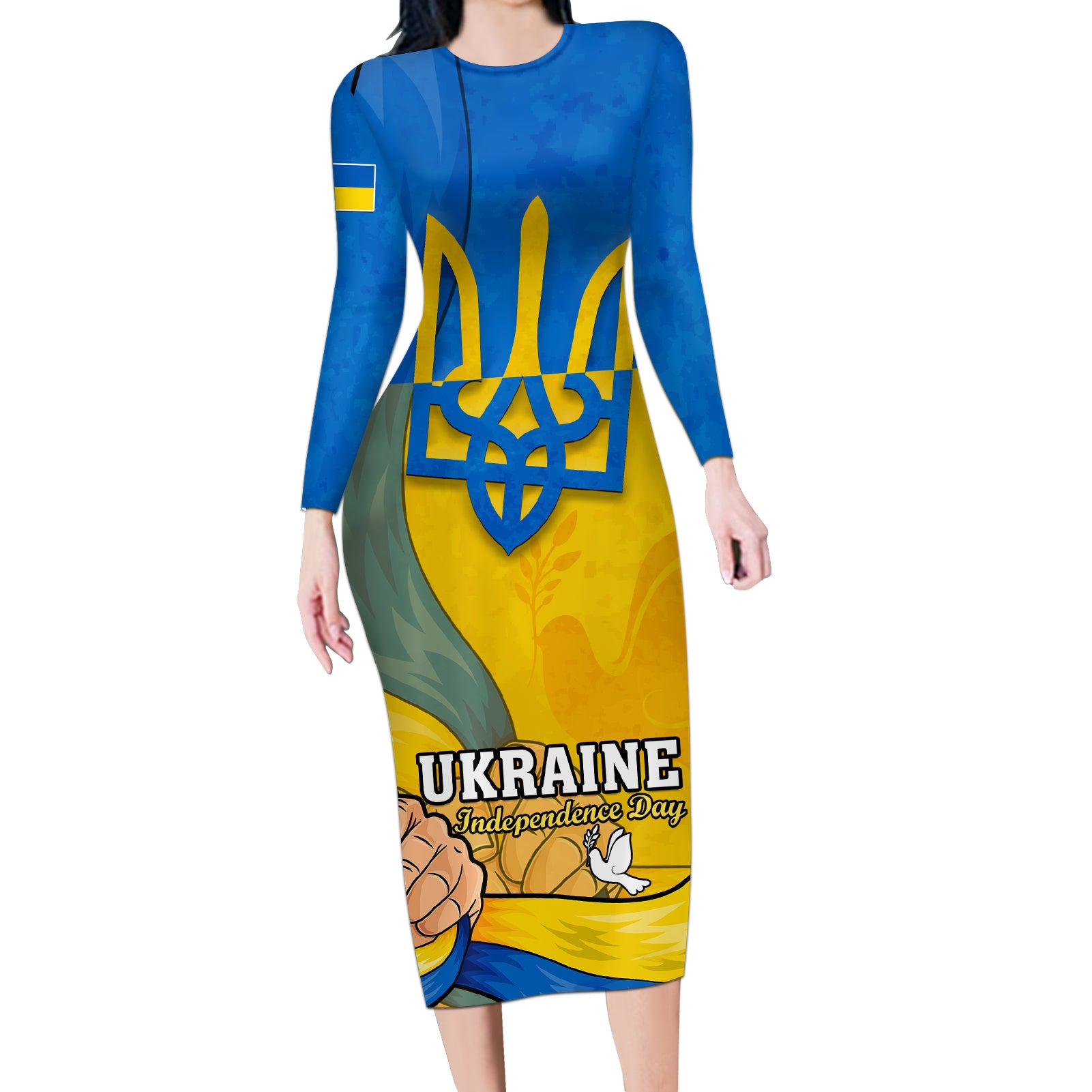 Ukraine Independence Day Long Sleeve Bodycon Dress Ukrainian Trident Special Version - Wonder Print Shop