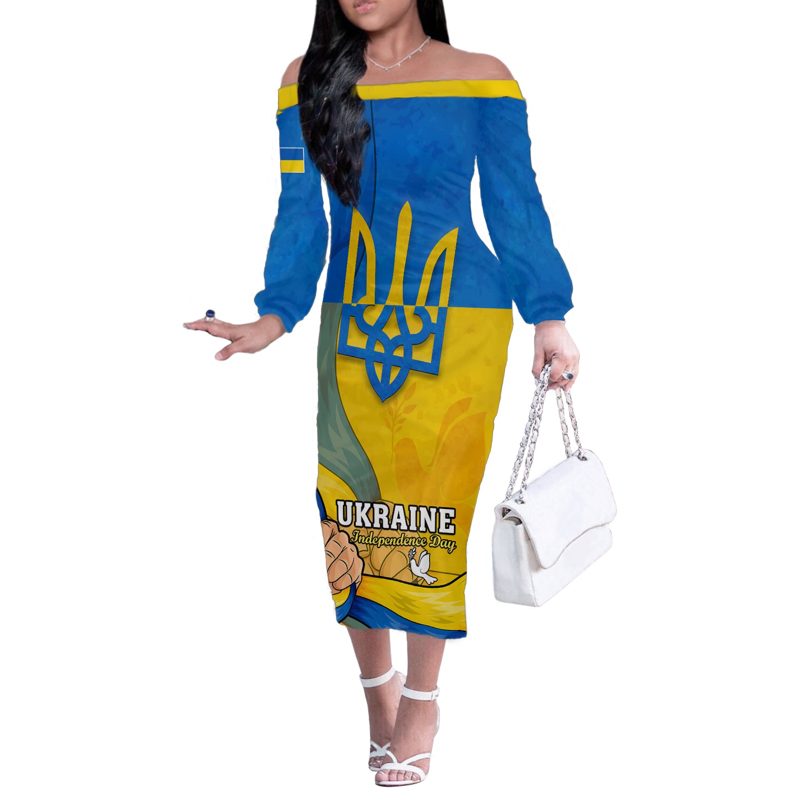 Ukraine Independence Day Off The Shoulder Long Sleeve Dress Ukrainian Trident Special Version - Wonder Print Shop