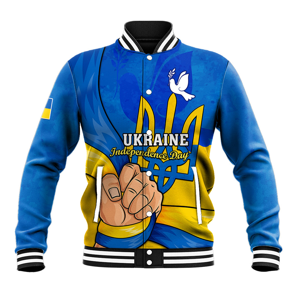 Blue baseball jacket with front snap buttons, ribbed collar, and Independence Day graphic
