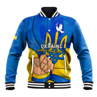 Blue baseball jacket with front snap buttons, ribbed collar, and Independence Day graphic