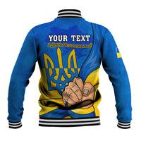 Blue baseball jacket back with large Ukrainian trident and independence lettering, ribbed cuffs