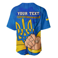 Blue baseball jersey back with 'YOUR TEXT' and yellow trident hand graphic