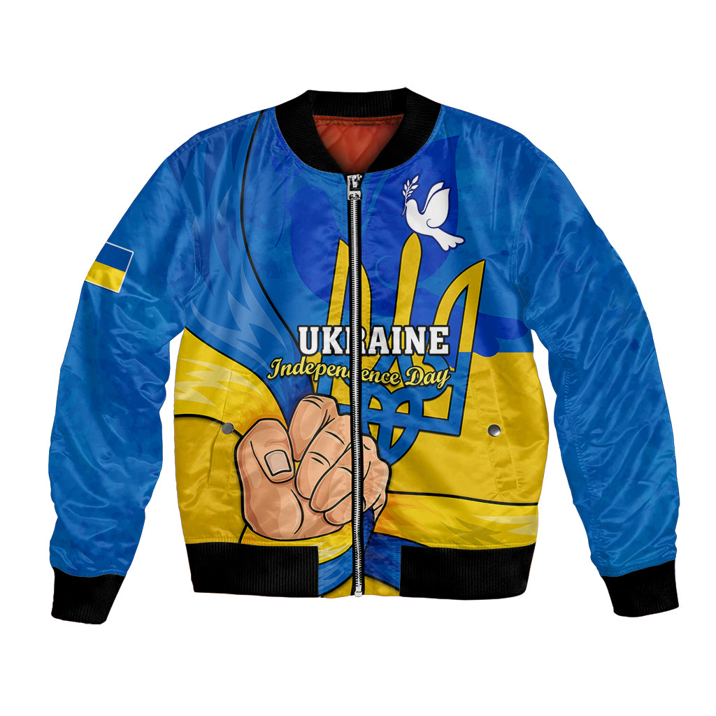 Blue bomber jacket with front zipper, black ribbed trim, trident-and-hand Ukraine graphic
