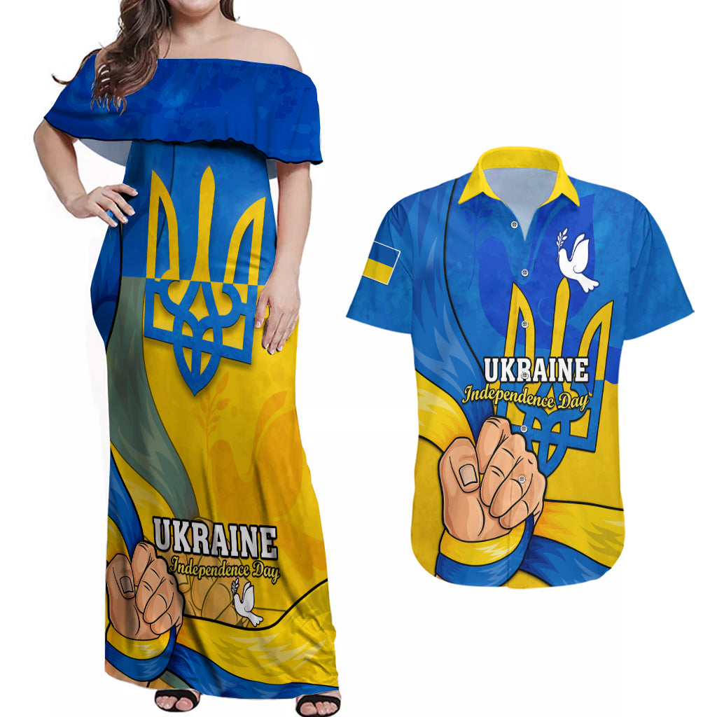 Personalised Ukraine Independence Day Couples Matching Off Shoulder Maxi Dress and Hawaiian Shirt Ukrainian Trident Special Version - Wonder Print Shop