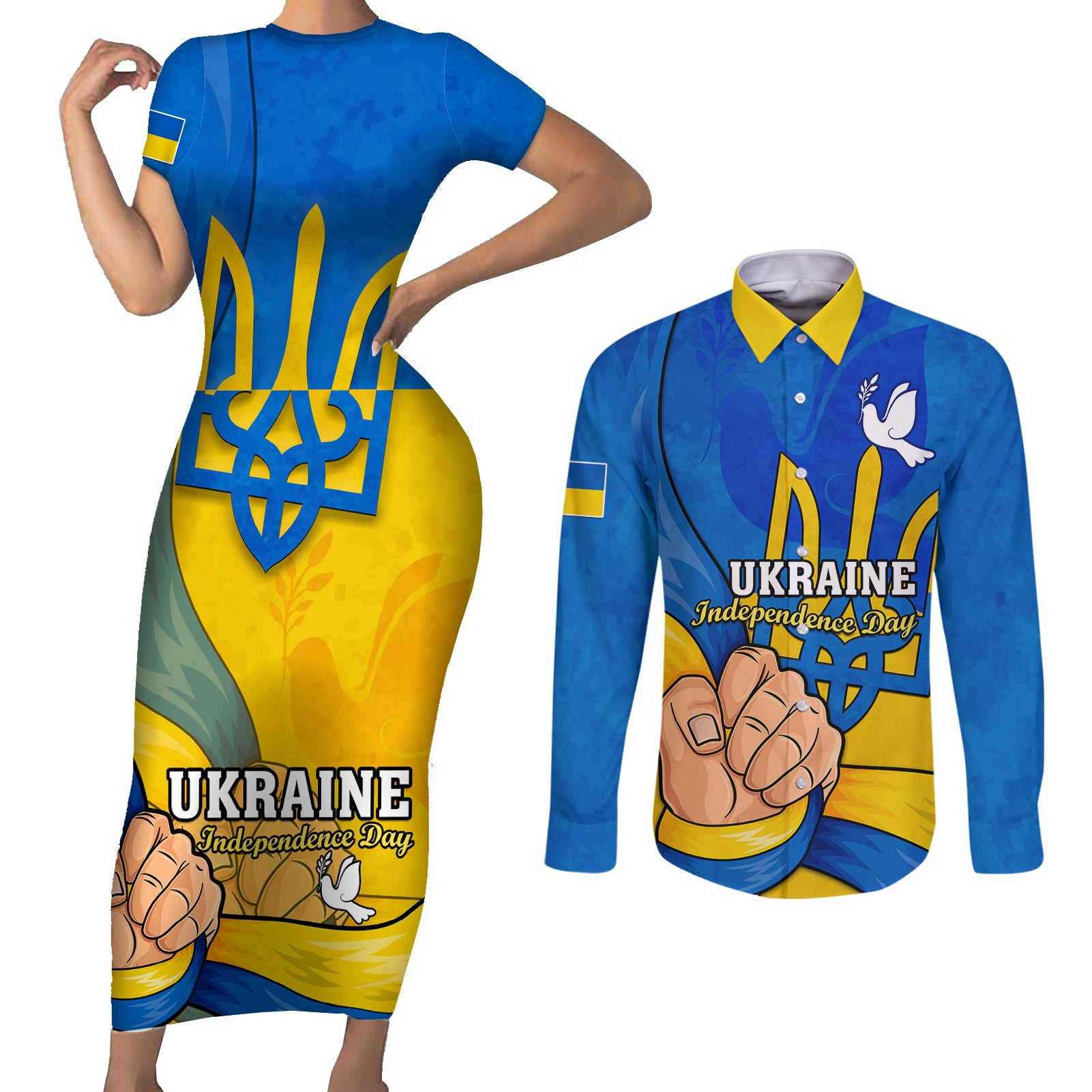 Personalised Ukraine Independence Day Couples Matching Short Sleeve Bodycon Dress and Long Sleeve Button Shirts Ukrainian Trident Special Version - Wonder Print Shop