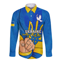 Blue long-sleeve button shirt with yellow collar and bold Independence Day graphic