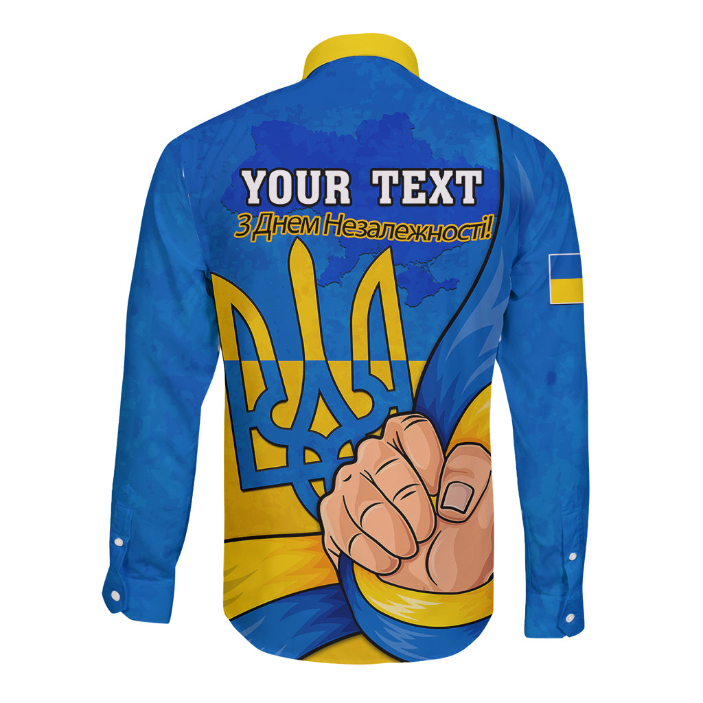 Back view of blue long-sleeve button shirt with yellow collar and trident hand graphic