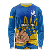 Blue long-sleeve shirt with yellow trident, dove, and Independence Day graphic on front