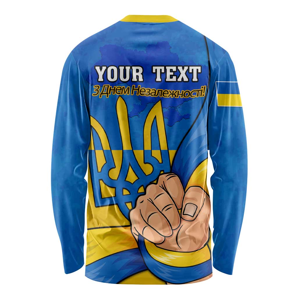 Blue long-sleeve shirt with back text 'YOUR TEXT', trident and raised hand graphic