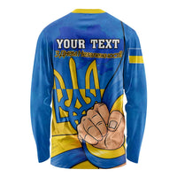 Blue long-sleeve shirt with back text 'YOUR TEXT', trident and raised hand graphic