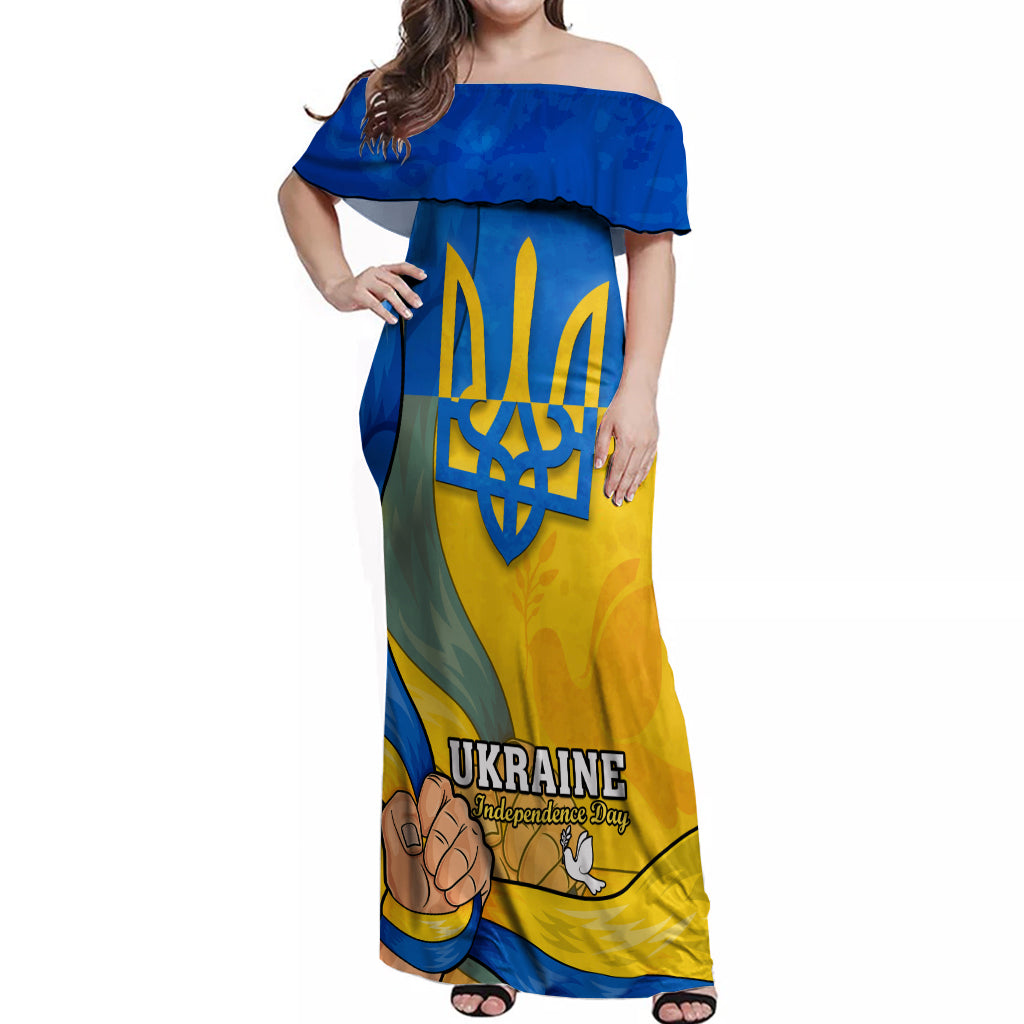 Personalised Ukraine Independence Day Off Shoulder Maxi Dress Ukrainian Trident Special Version - Wonder Print Shop