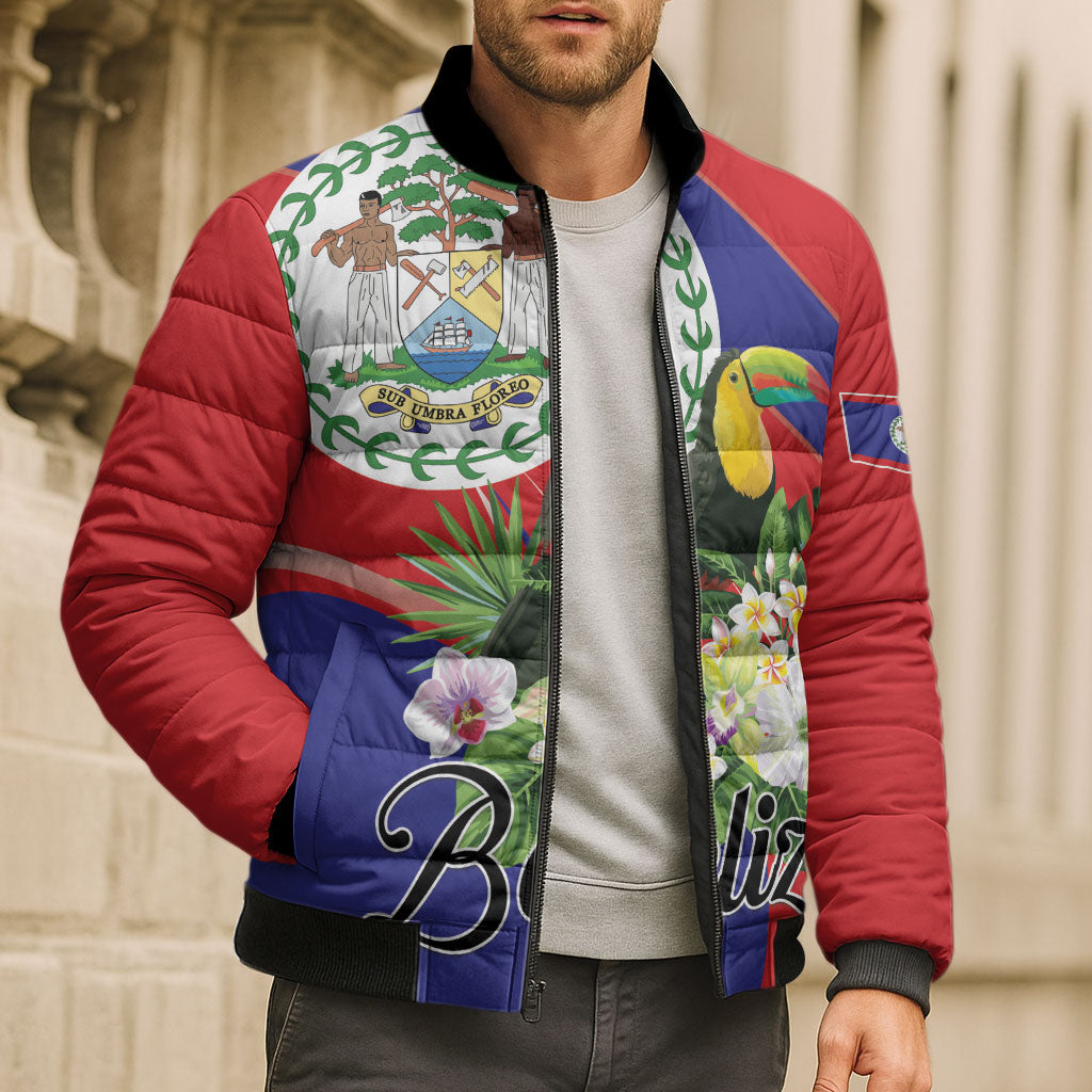Personalized Belize Toucan Tropical Bomber Puffer Jacket Happy Independence Day