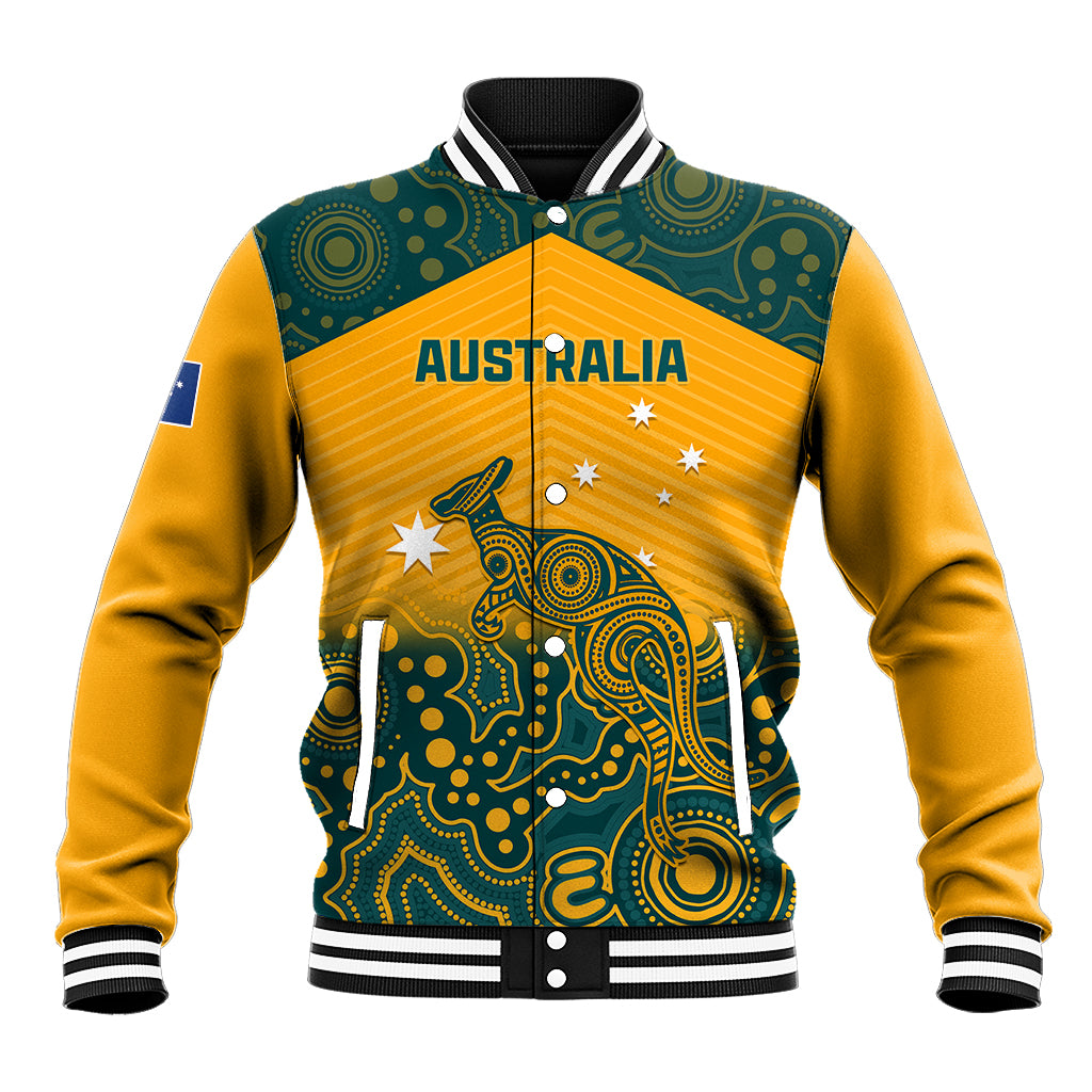 Yellow rugby baseball jacket with teal Aboriginal pattern, Wallabies graphic, striped rib trim