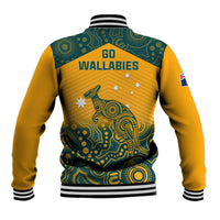 Yellow rugby baseball jacket with teal Aboriginal pattern, GO WALLABIES text, striped rib trim